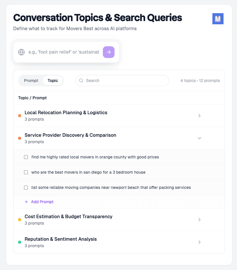 Topics and queries tracked across AI platforms